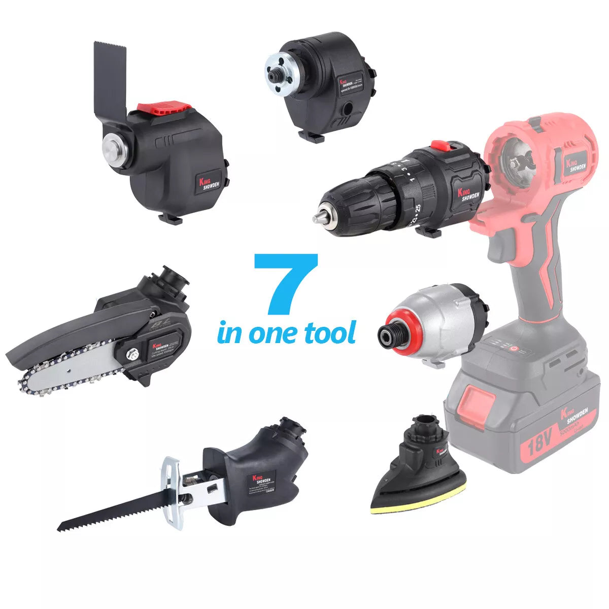 7 in 1 Cordless Power Tool Multi Head Driver Gun Brushless Drill Chainsaw Sander -18volt