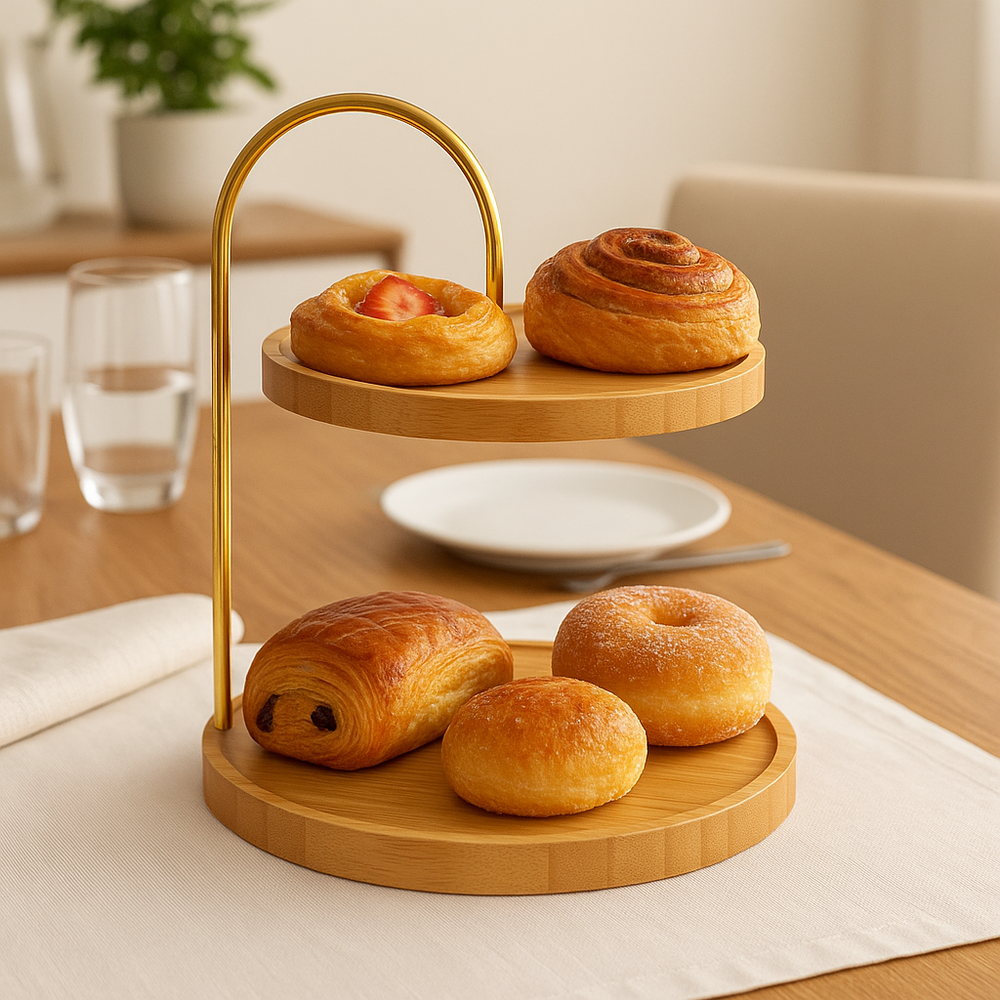 MHome 2-Tier Bamboo Serving Stand with Gold Metal Handle Round