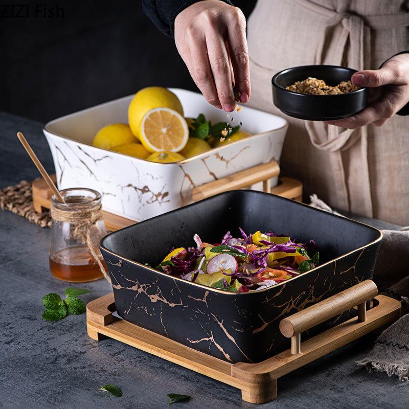 MHome Marble Ceramic Serving Bowl with Wooden Base