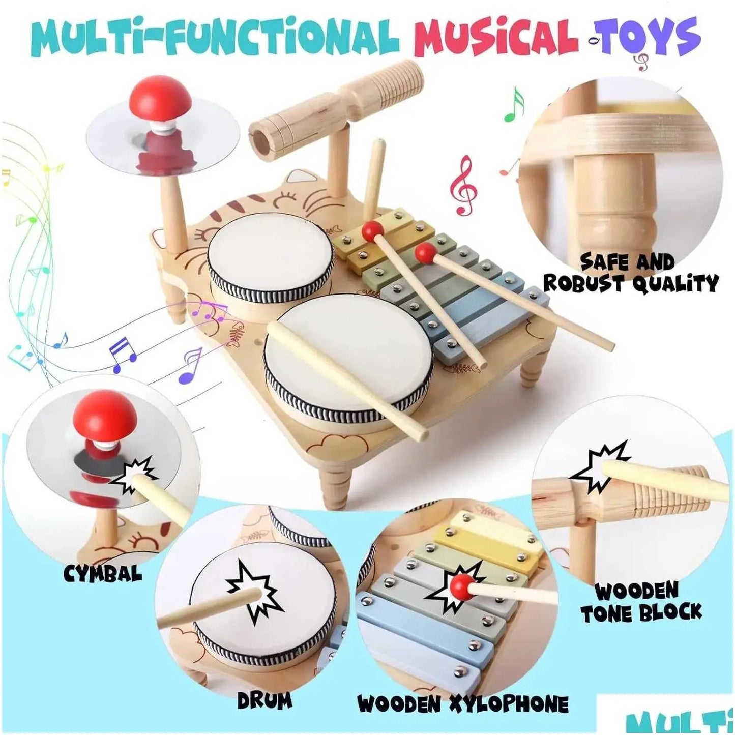 Multifunctional Wooden Drum Kit for Kids - Early Learning Music Toy Set