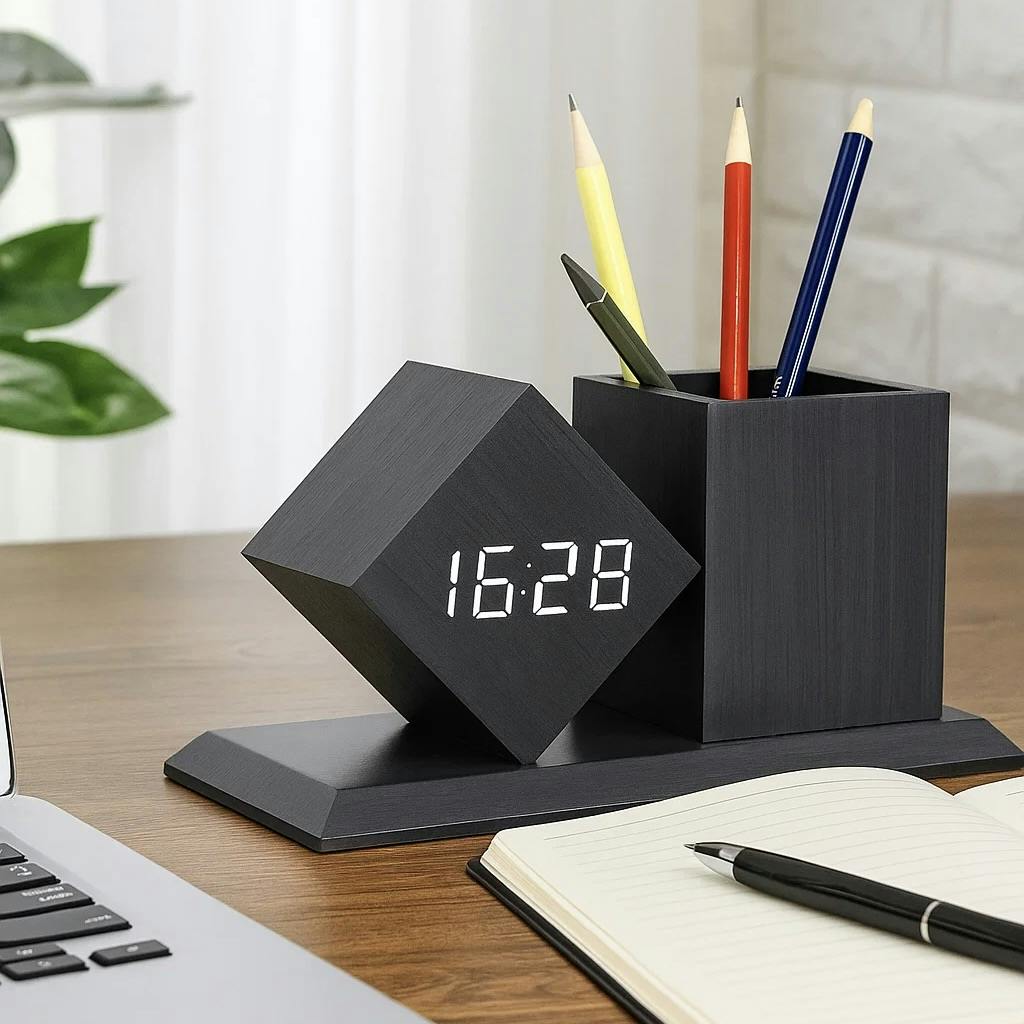 MTech Digital Alarm Clock with Pen Holder & Temperature Display