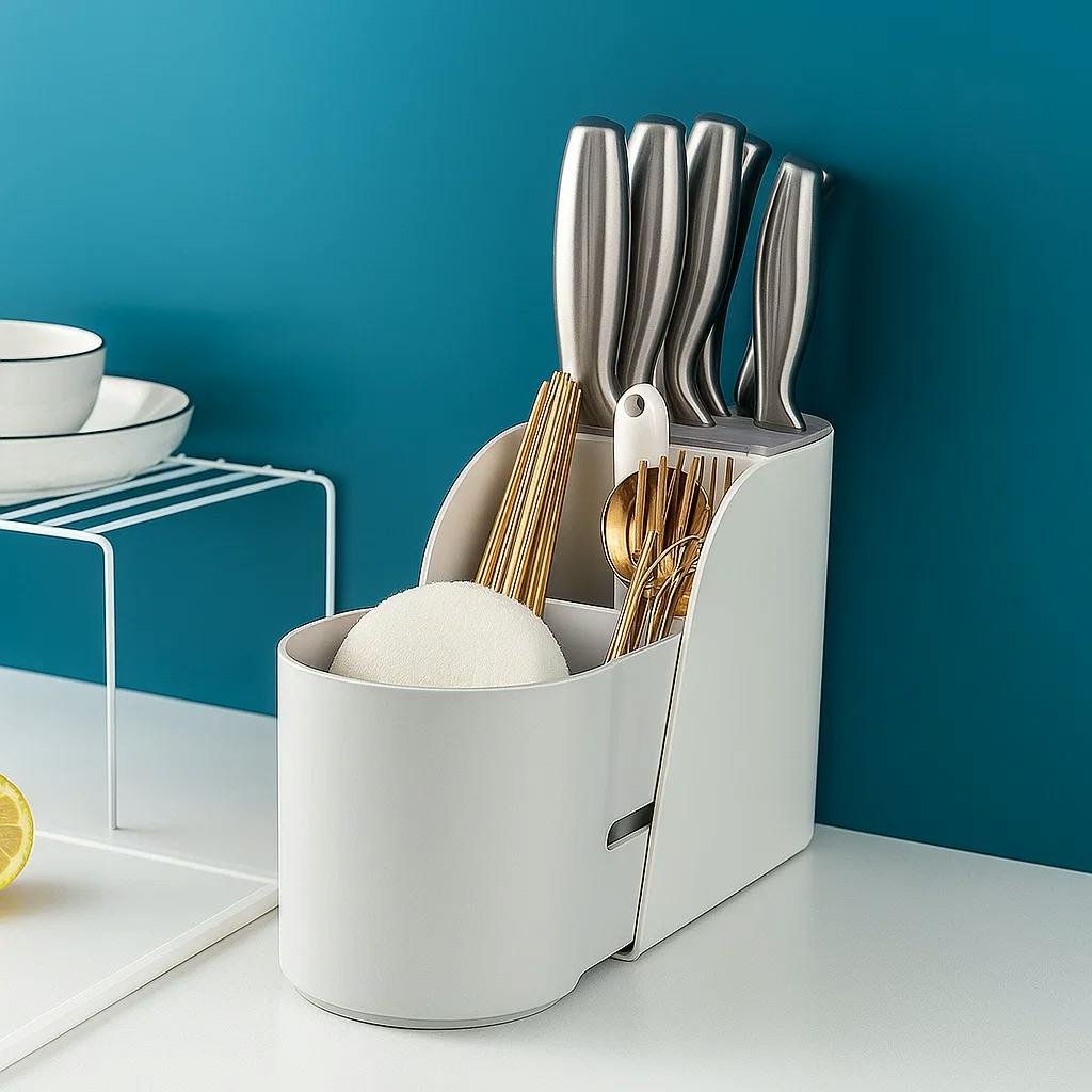 MHome Multifunctional Retractable Cutlery & Knife Storage Rack – Adjustable with Drainage Base