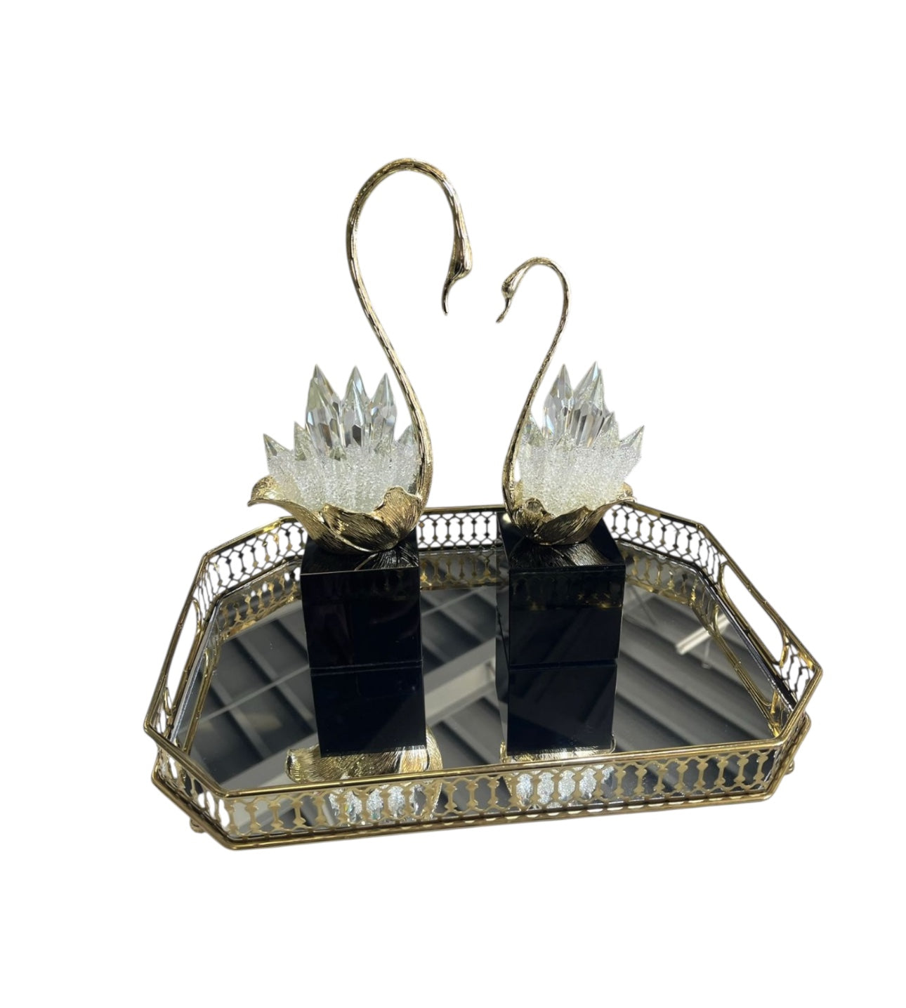 MHome
Figurine, Swan,Crystal, Creative Swan Ornament,With Pedestal, Crystal Cluster. 3pc Set
