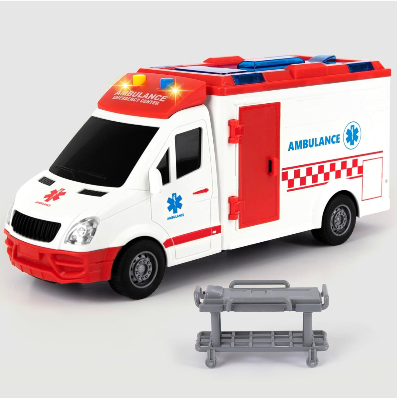 Ambulance Toy Truck for Kids ,Lights & Siren, Friction-Powered 1/16 Scale Rescue Toy Ambulance, Emergency Vehicle Toys with Removable Stretcher, Doors Open for Immersive Imagination