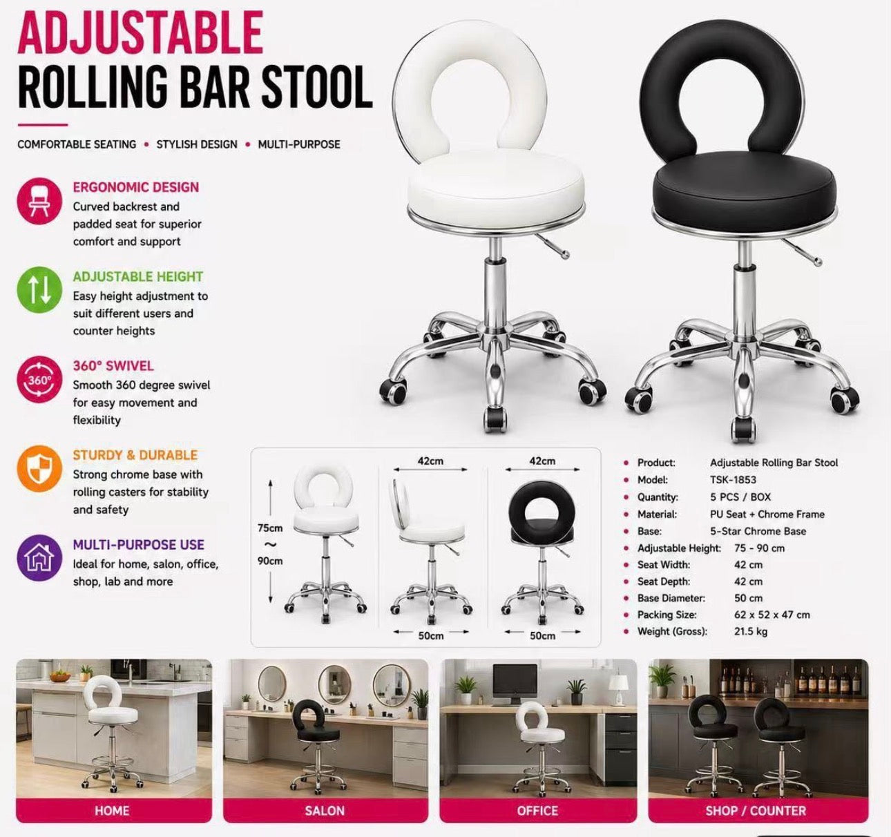MFurn Adjustable Rolling Bar Stool-Various Colours