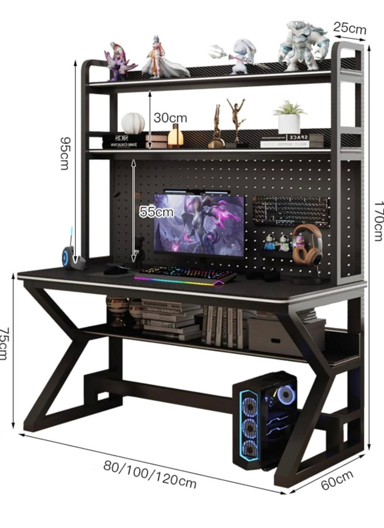 MFURN Computer Desk With Pegboard And Bookshelf, Modern Home Computer Table With Upper Storage Shelves Hutch For Office Bedroom Study Writing Workstation, Industrial Gaming Desk Student Writing Desk