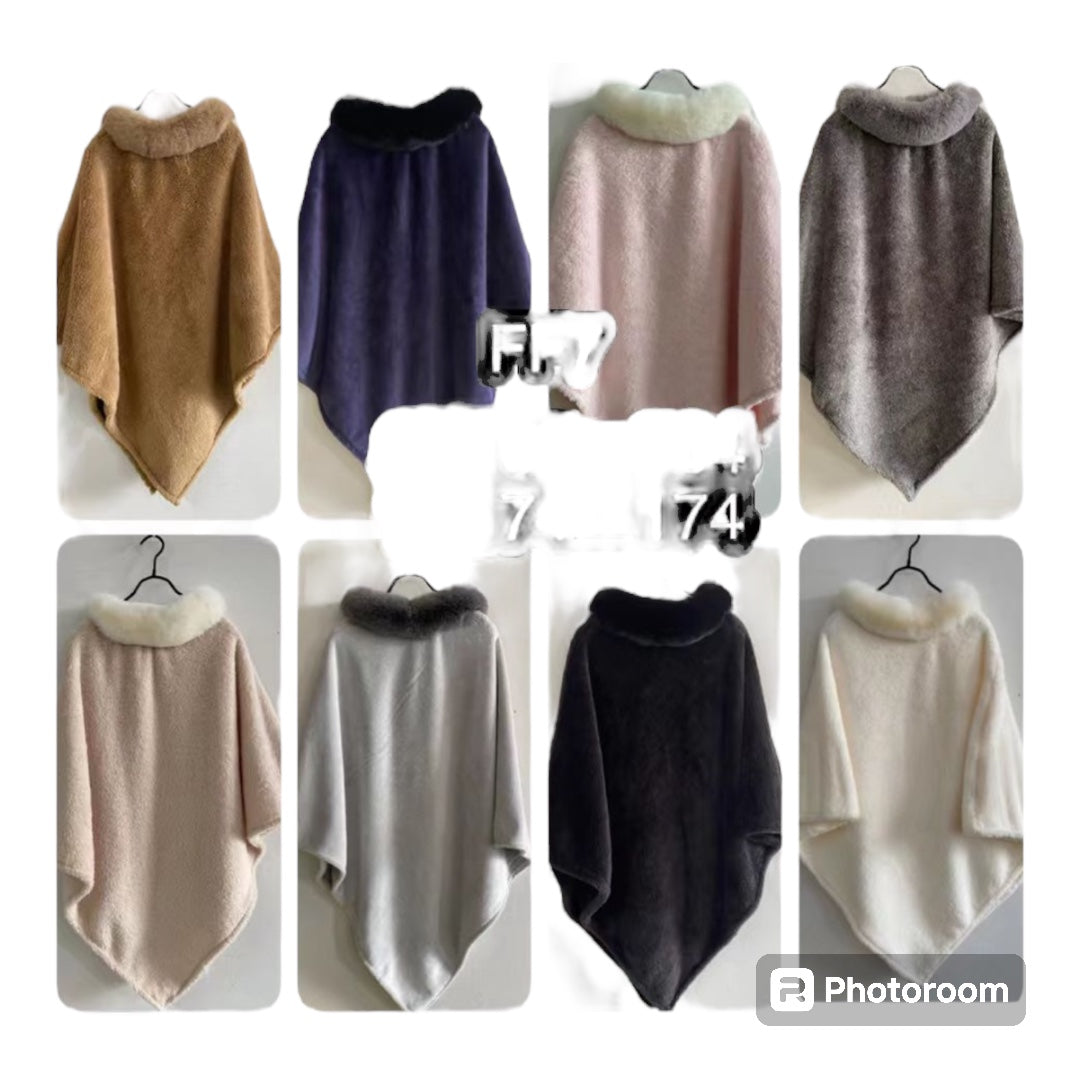 New Winter Women's Knitted Ponchos Faux Fur Collar Pullovers Cape Sweater Poncho- Various Colours