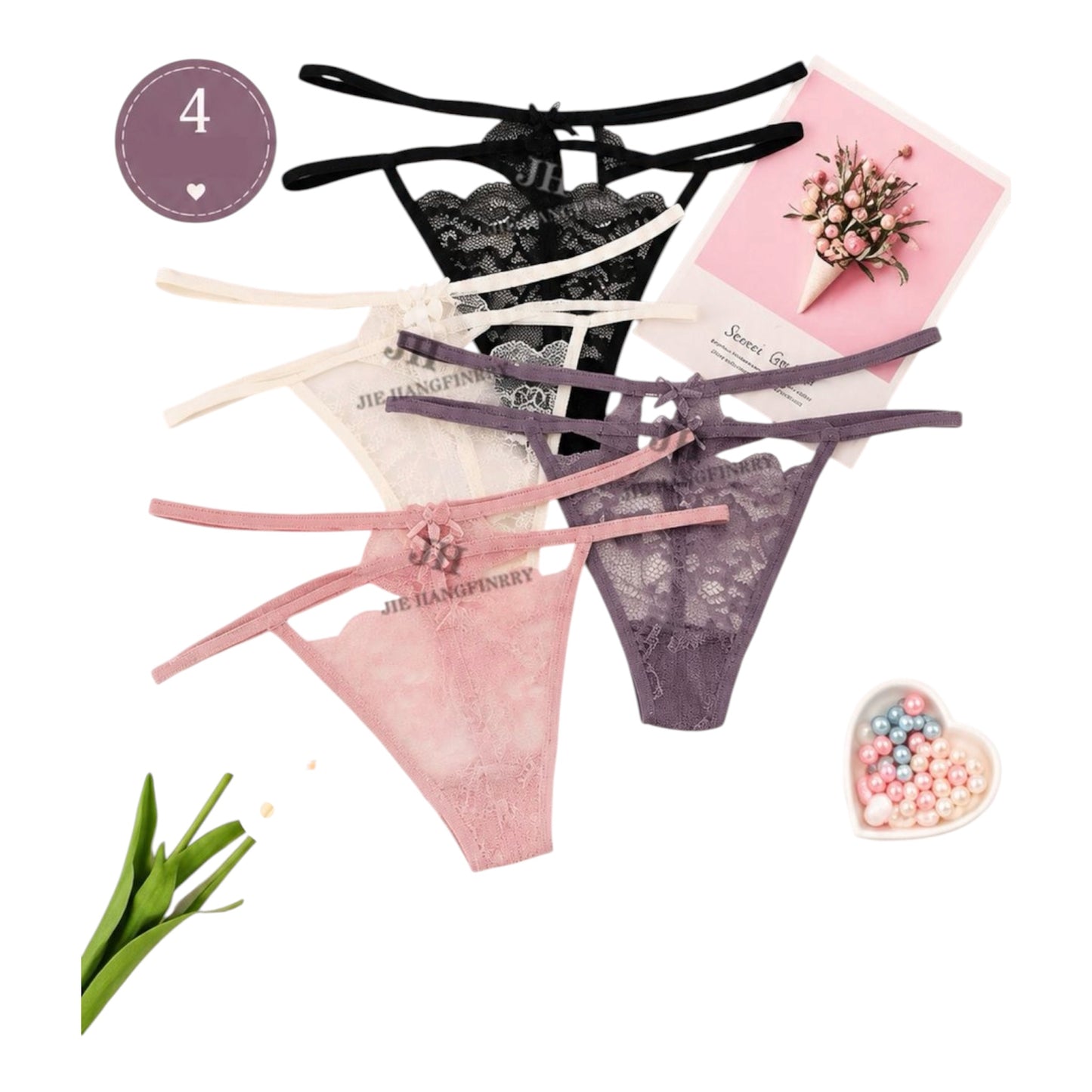 Ladies Delicate Lace Thongs Set 4pc