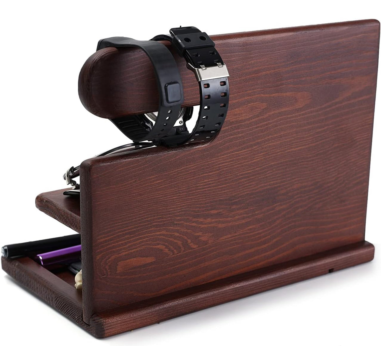 Wood Phone Docking Station Gifts for Men Ash Key Holder Wallet Stand Watch Organizer Husband Anniversary Dad Birthday Nightstand Purse Father Graduation Male Travel Idea Gadgets