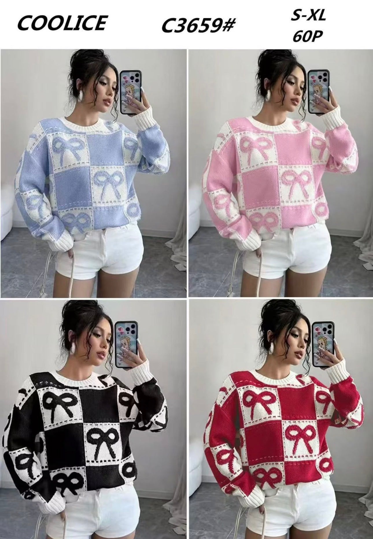 Ladies Coquette-Aesthetic Checkered Bow Knit Sweater-Various Colours
