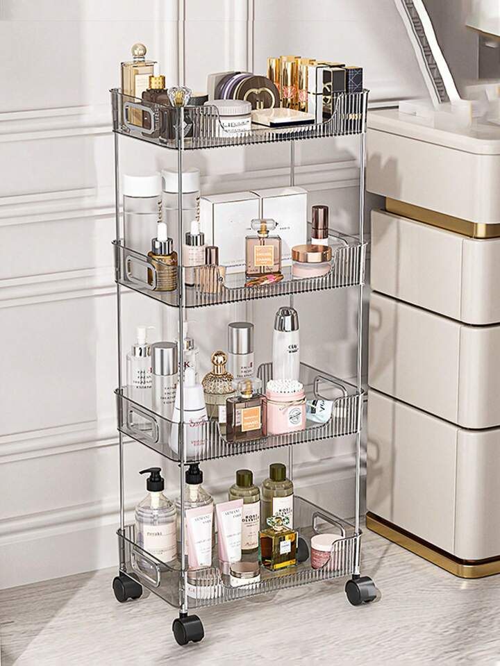 Transparent Rolling Utility Cart With Handle, Multifunctional Plastic Trolley, Bathroom Multi-layer Storage Rack, Bathroom Shelves With Wheels, Cosmetic Cart.