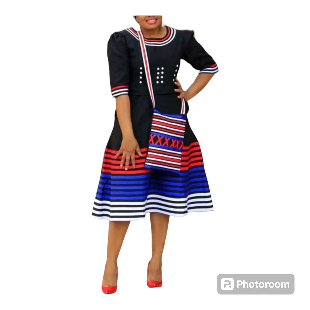 Blue And White Xhosa Traditional Attire IsiXhosa UMbhaco Set Of
