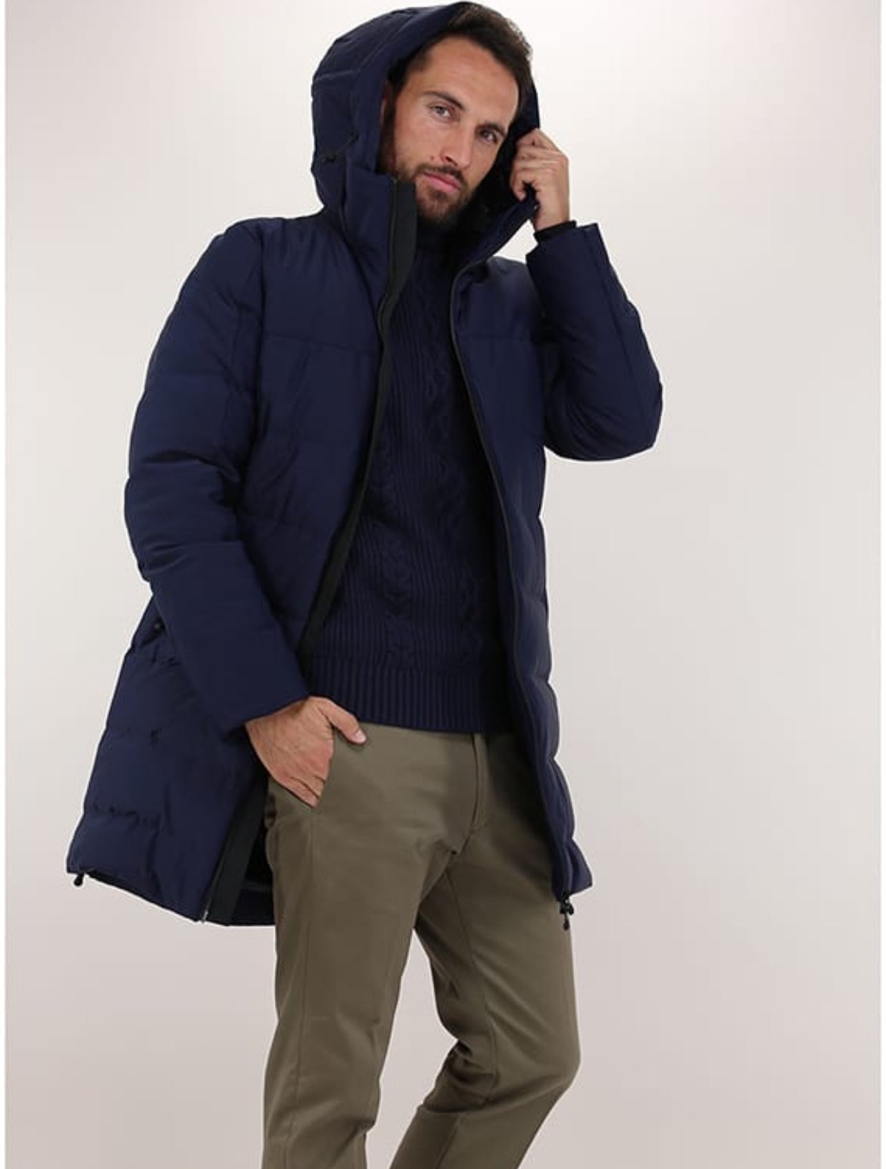 Mens Zipper Padded Jacket With Hood Long Sleeve Warm Long Coat
