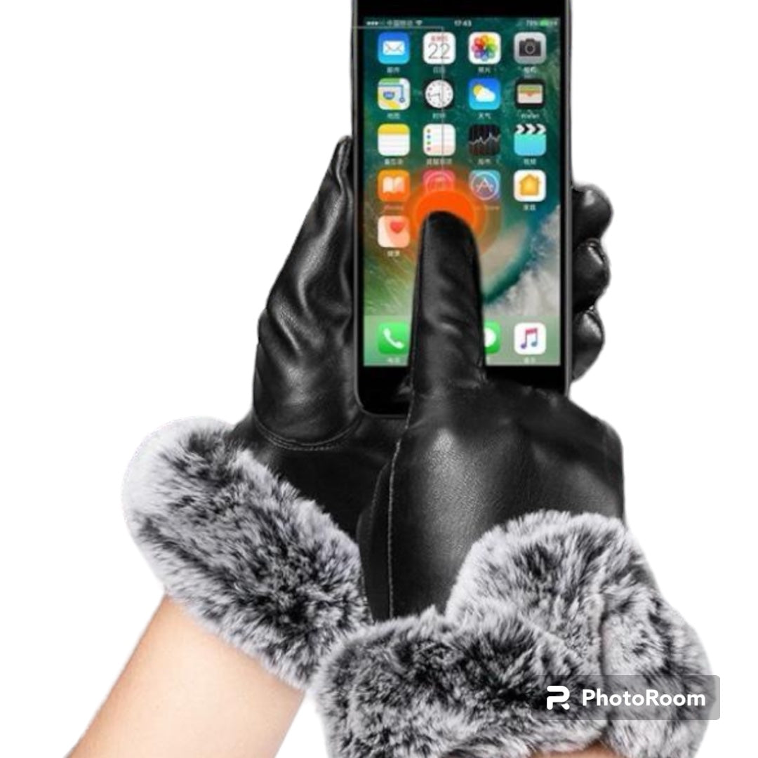 Women Winter Gloves Faux Rabbit PU Leather Touch Screen Mittens Lady Female Outdoor Driving Warm Gloves