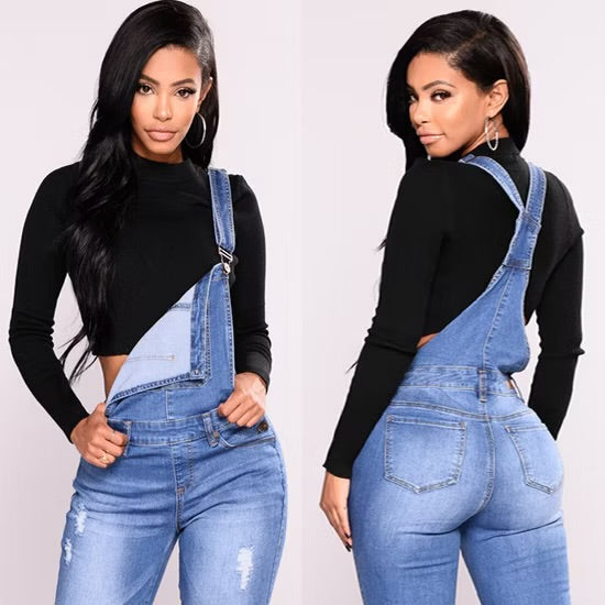 Ladies Denim Distressed Skinny Dungarees Jumpsuit