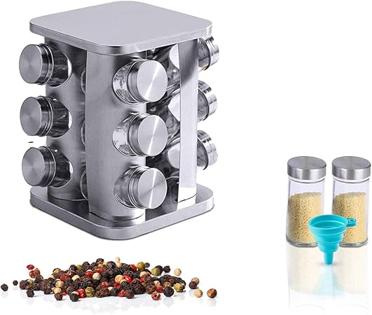 Stainless Steel 360 Rotatable Spice Rack & 12 Jars With Lids and Label ...