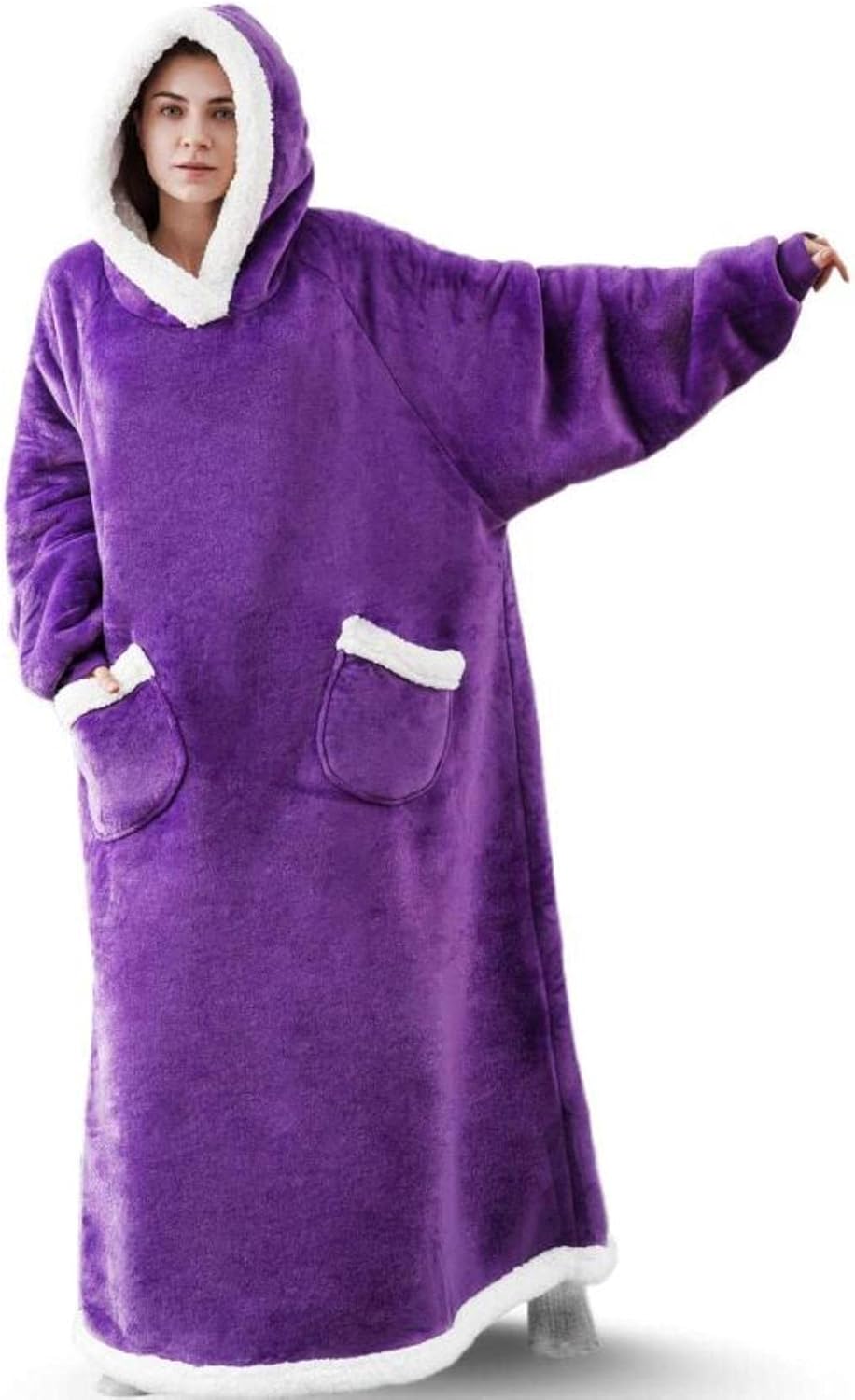 Huggle Super Long Wearable Blanket Hoodie β Flannel Fleece with Sleeves & Sherpa Lining