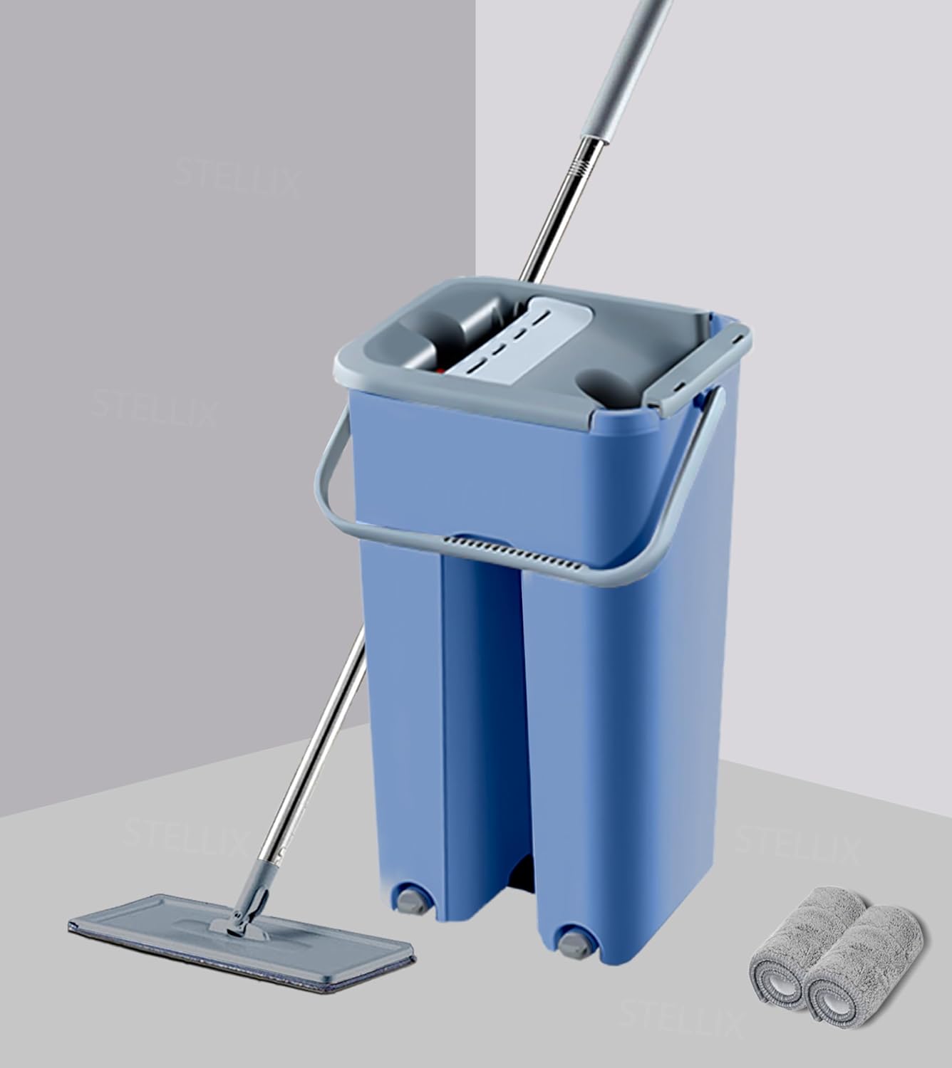 MHome Mop with Bucket – Flat Microfiber Mop with Self-Clean System (Blue)