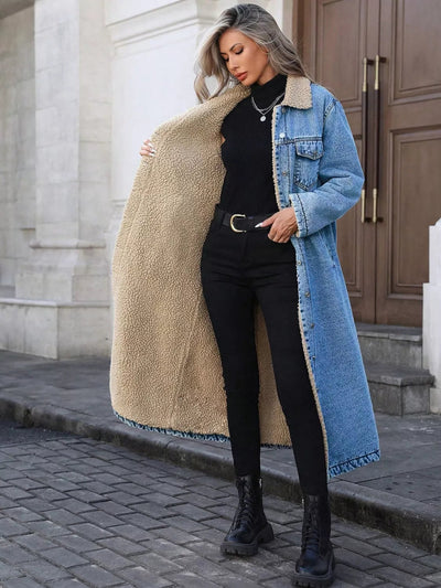 Ladies Sherpa Lined Long Denim Jacket