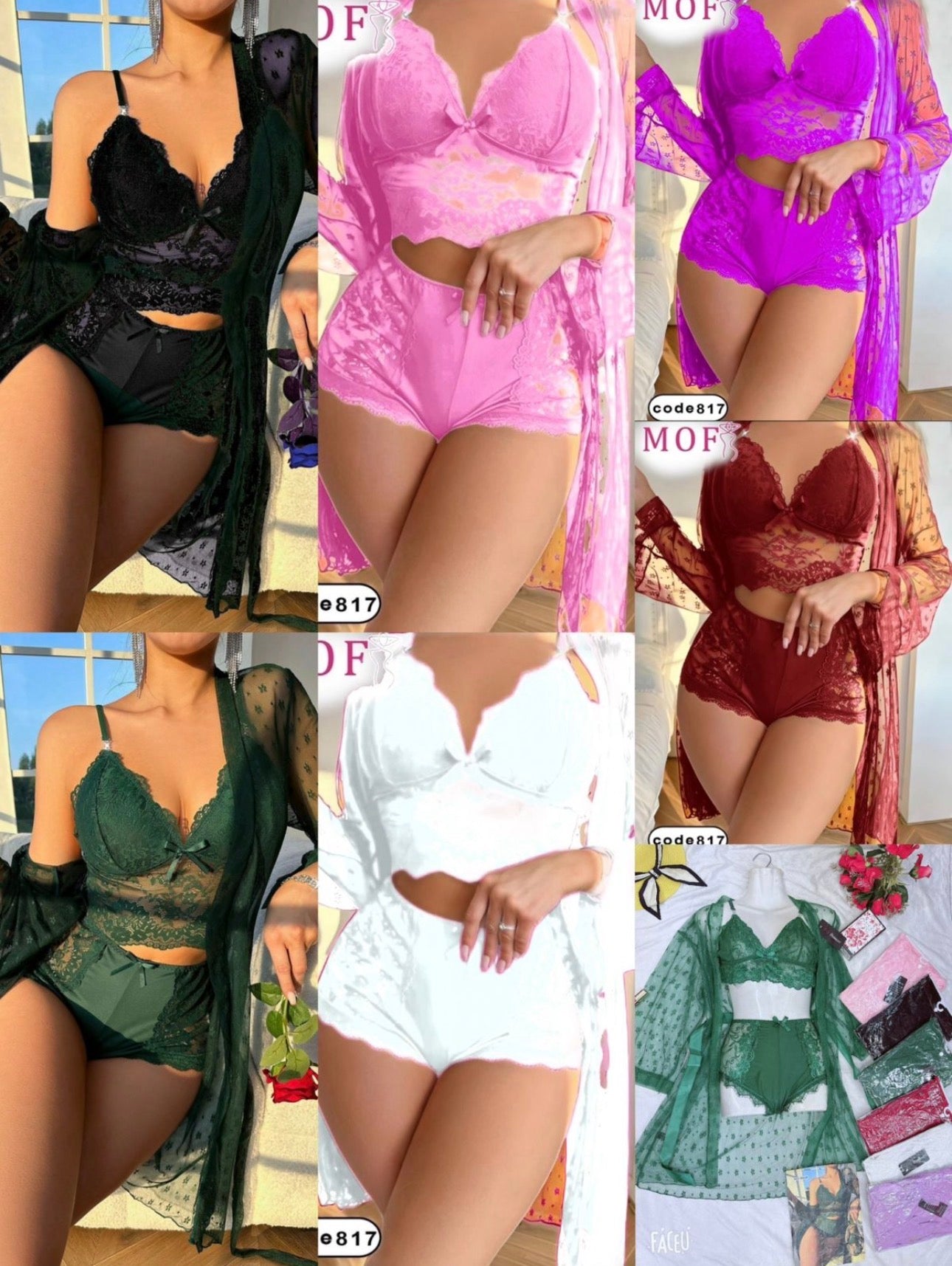 Womens Sexy Lingerie Robe Set - 3 Piece Women's Lingerie Lace Floral Robe with Bra and Panty Set Babydoll Sheer Nightgown-Various Colours