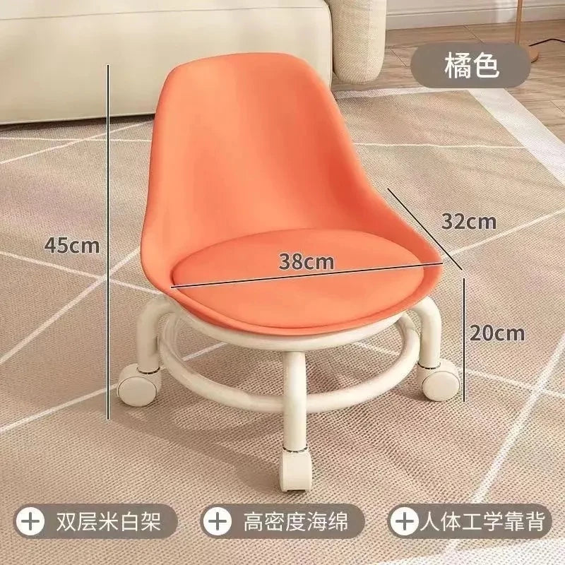 Low Chair Stool, Load Capacity Children's Stool, Backrest, Small, Living Stool, Low Chair, Small, Nappa Leather Fabric, Thick, Waterproof, Quiet Casters, 360 Degree