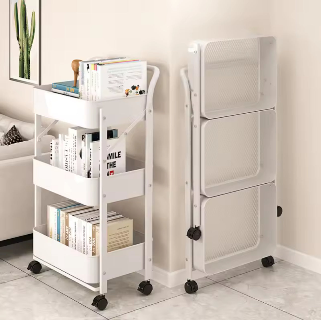 MHome 3-Tier Foldable Metal Kitchen Trolley – Utility Shelf on Wheels