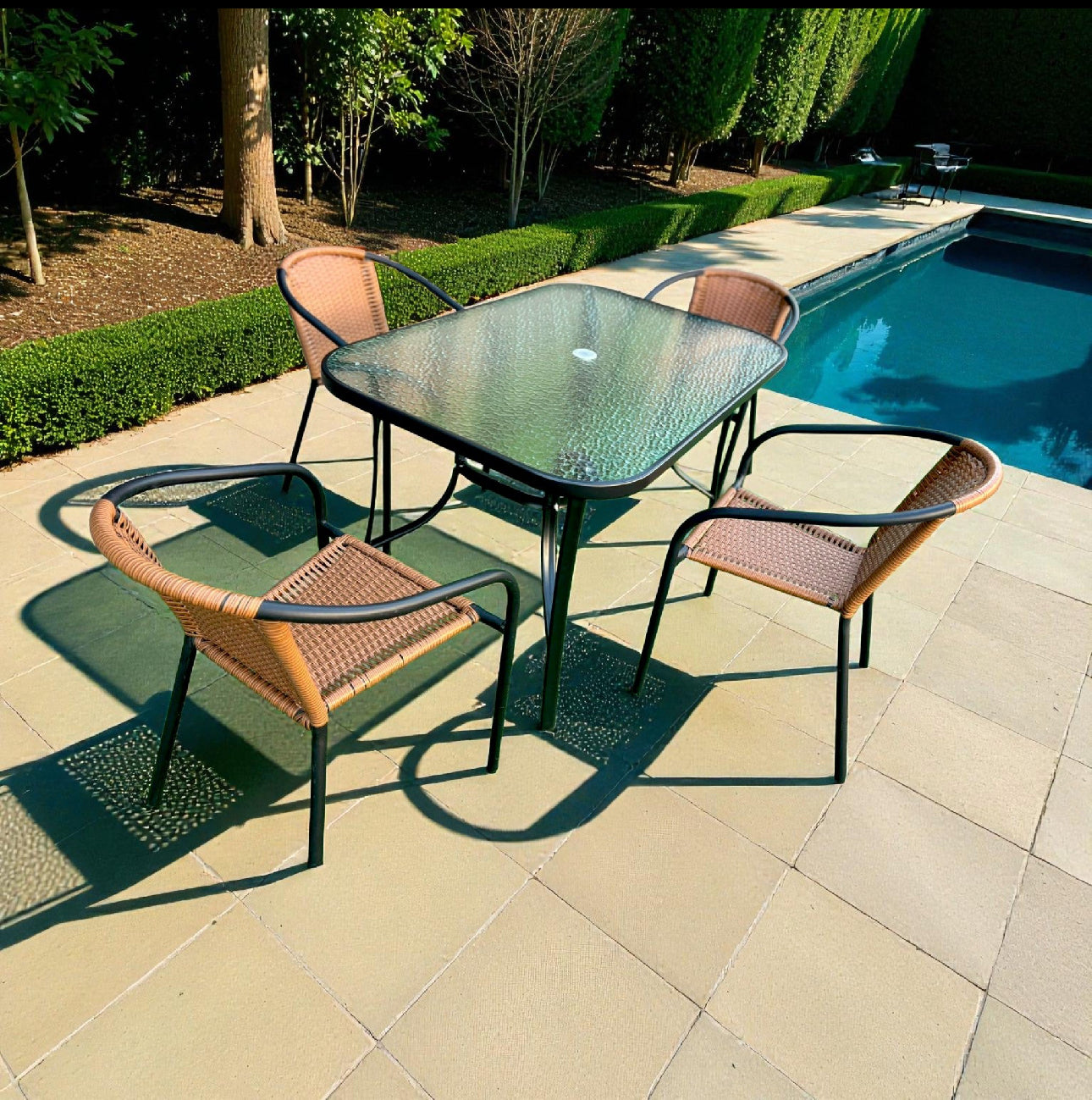 MFurn Sunshine 6 Piece Outdoor Patio Set with Steel Center Umbrella & Tempered Glass Table