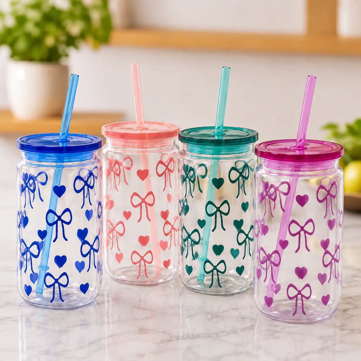 MHome Unbreakable Plastic Tumbler 450ml with Lid and Straw β Bow Print Sipper Glass for Cold Coffee, Juice and Water