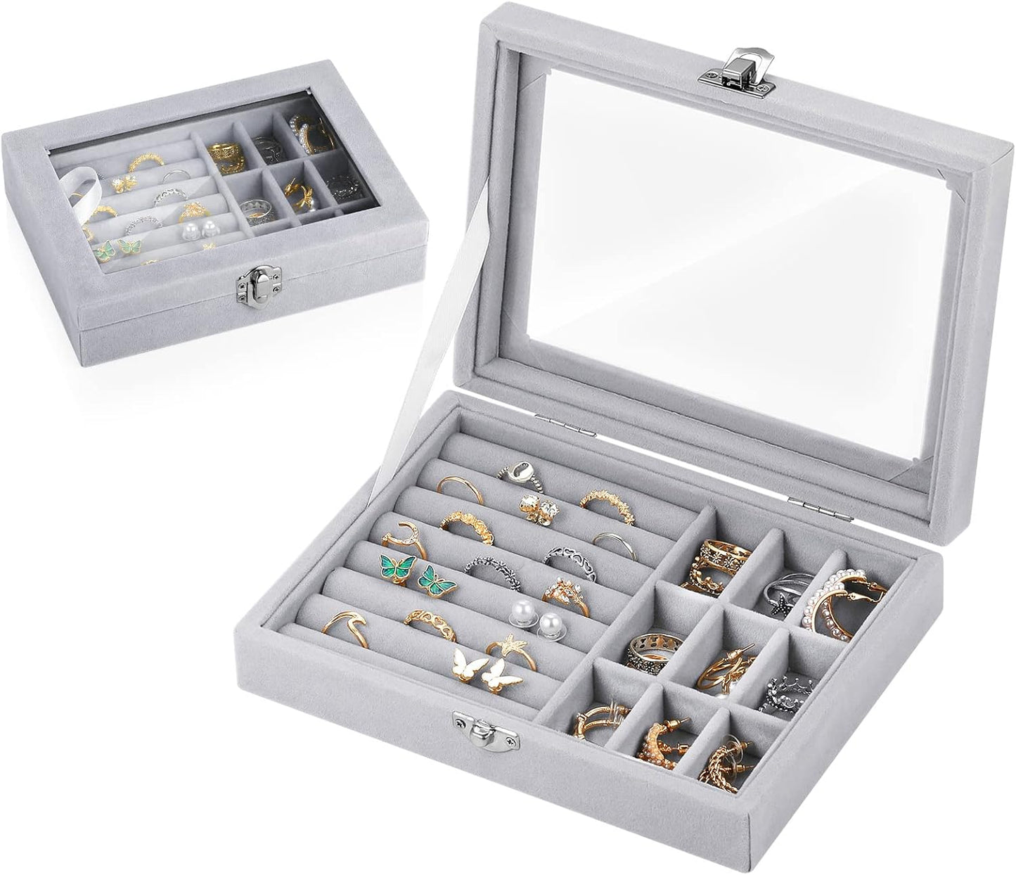 MBEAUTY Velvet Jewelry Organiser Box with Glass Lid & Adjustable Compartments