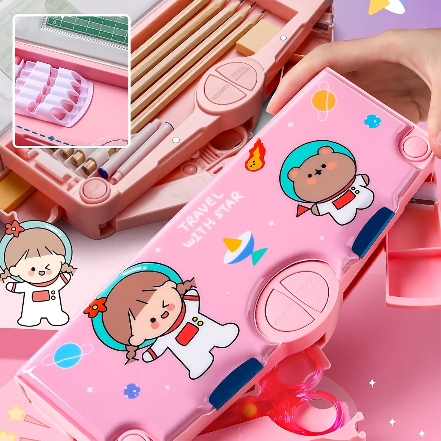 MKids Multifunctional Automatic Pop-Up Pencil Case – Cartoon Pattern, Large Capacity Stationery Box
