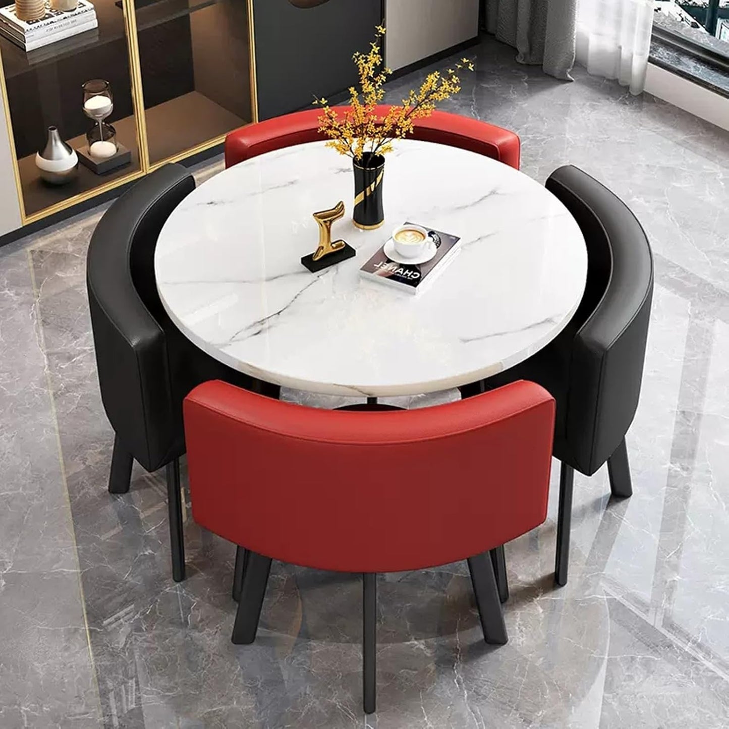 Modern Nordic Round Dining Table Set – 5pc Marble Look MDF Table with 4 PU Leather Chairs