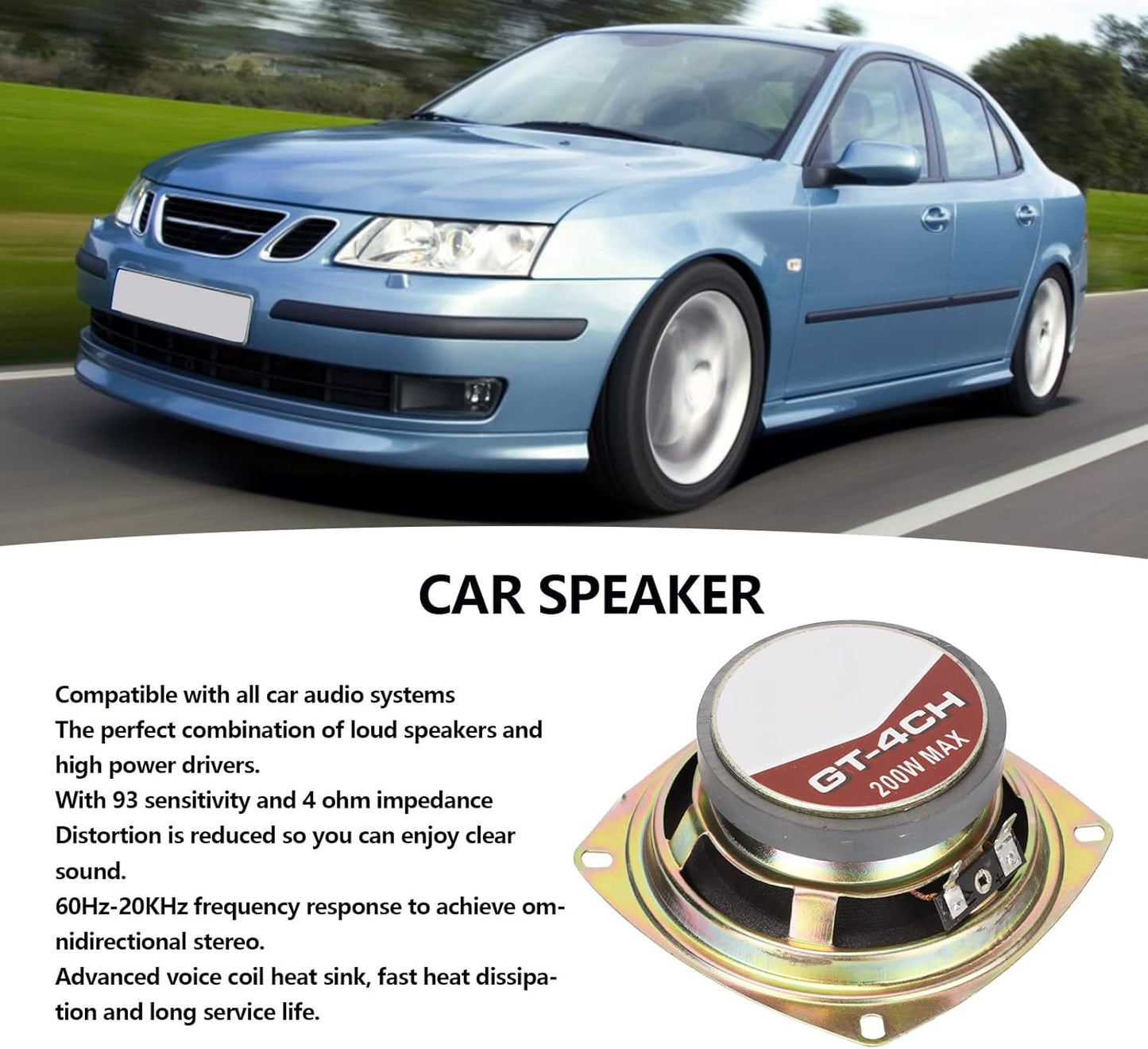 4-Inch Coaxial Car Speaker, 200W High Power Car Audio Loudspeaker with Voice Coil Heatsink
