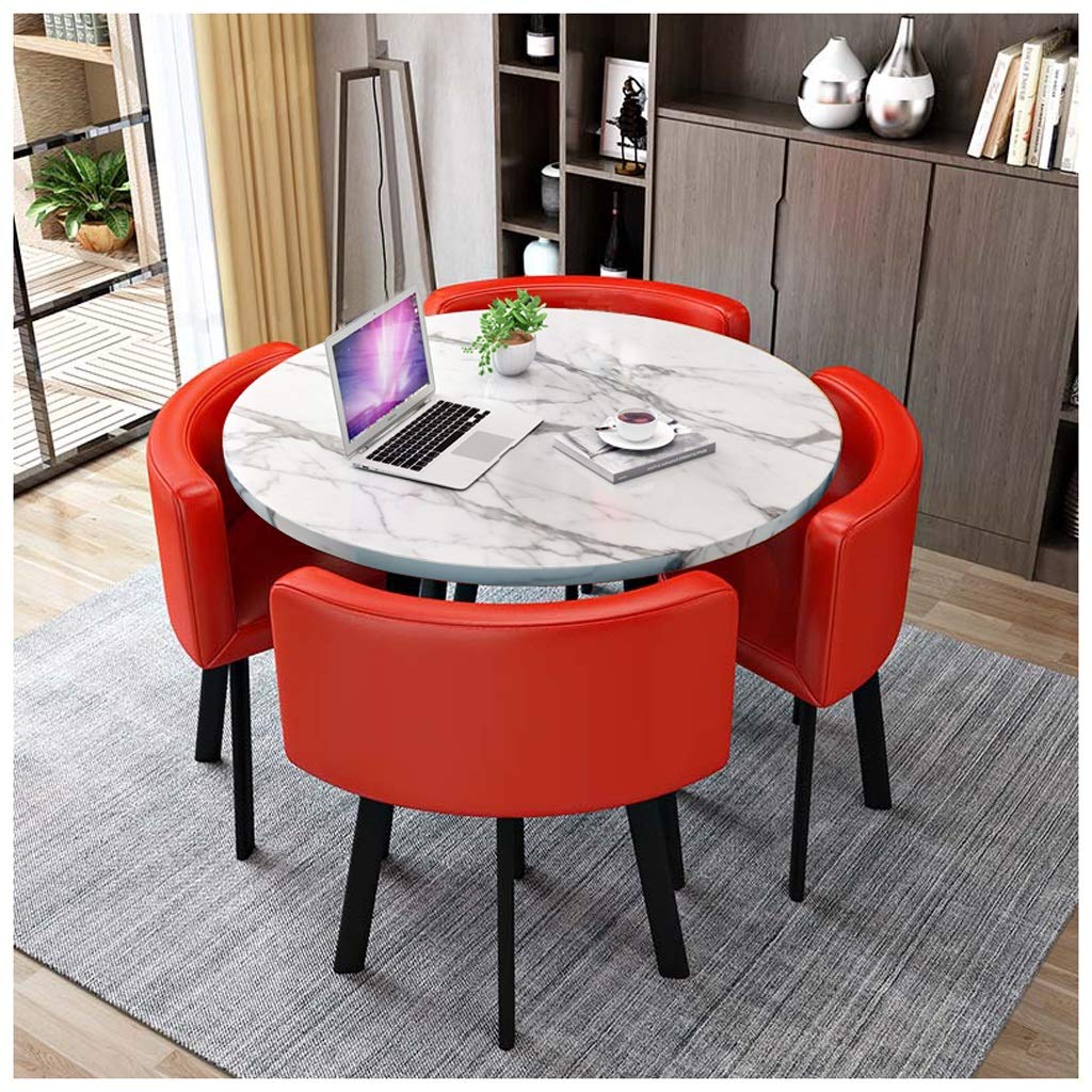 MFurn Modern Nordic Round Dining Table Set – 5pc Marble Look MDF Table with 4 PU Leather Chairs