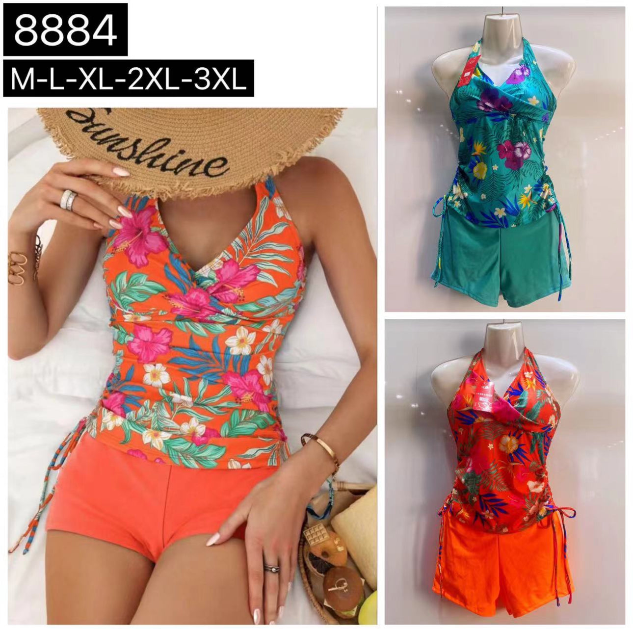 Women's Beachwear Floral Print Tankini Bathing Suits Swim Tank Top with Boy Shorts Two Piece Swimsuit