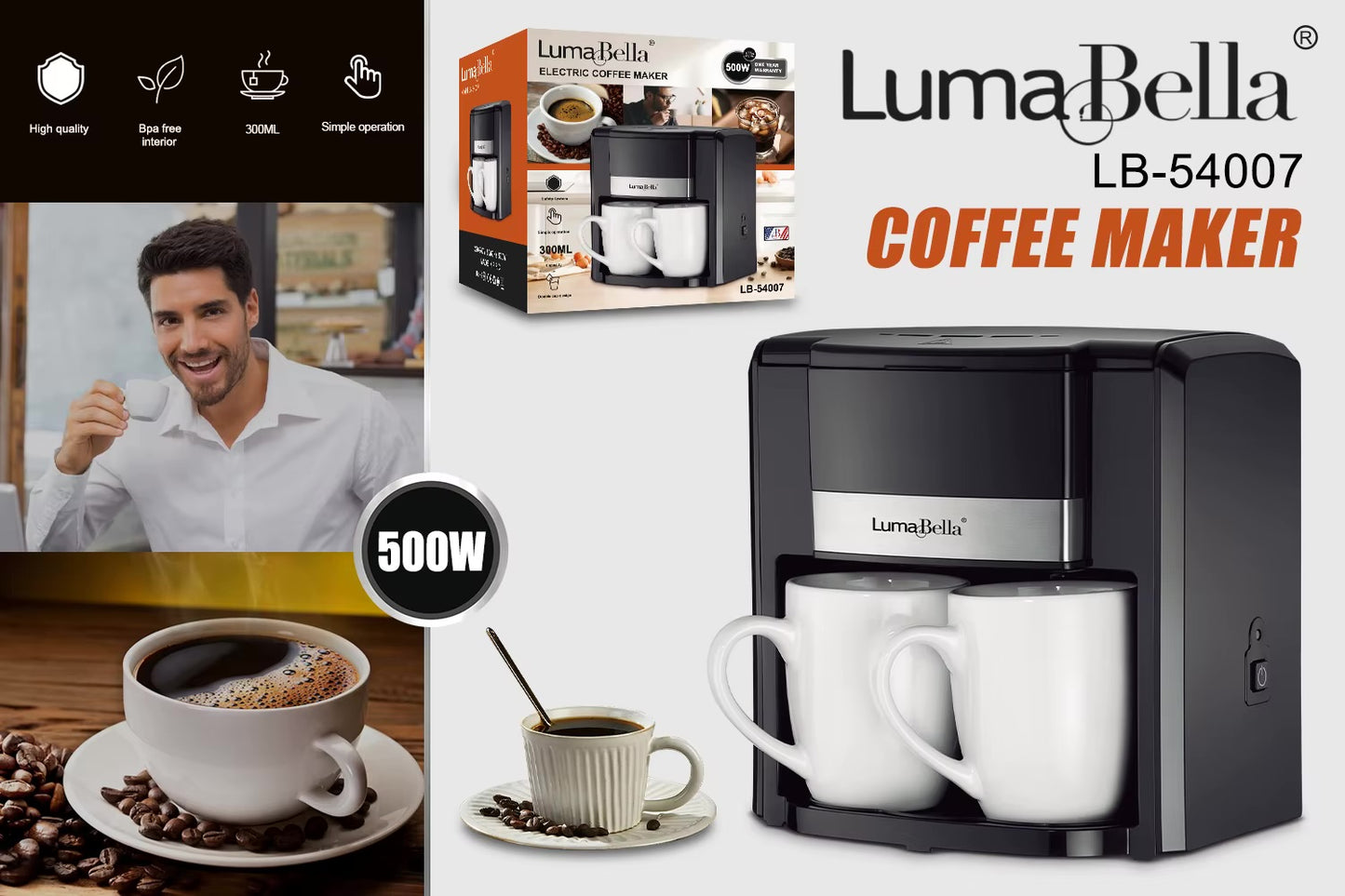 Luma Bella Coffee Maker Machine 2 Cup Coffee Maker (Black)