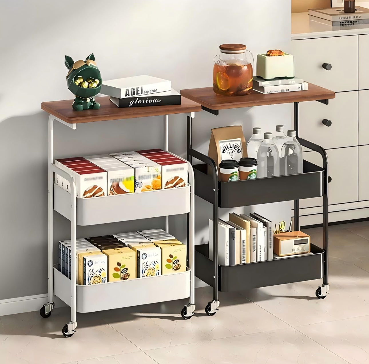 MHome 2-Tier Coffee Table Trolley – Rolling Storage Cart with Shelves, Metal Frame & Wood Finish