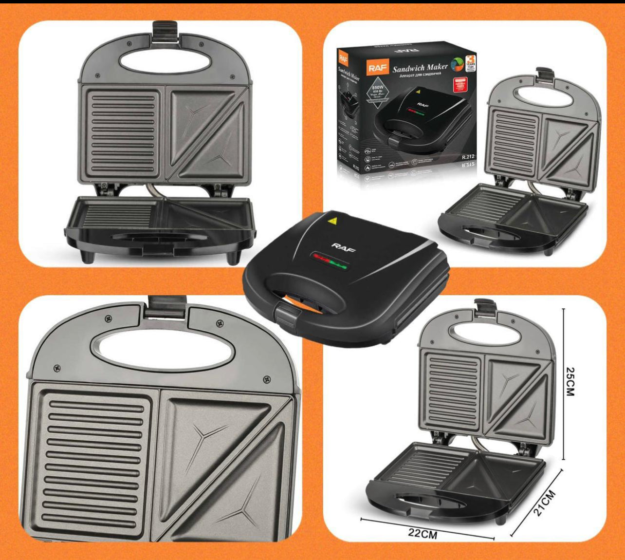 RAF R.212 2-in-1 Electric Sandwich Toaster & Grill β 750W Non-Stick Press With Cool Touch & Locking Lid