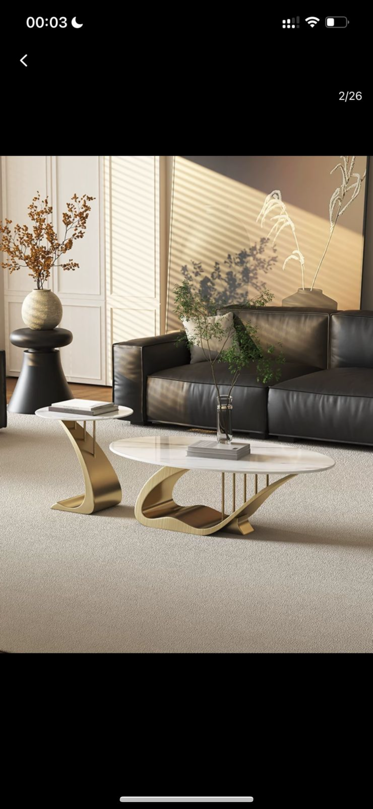 M-Furn Nordic Style Coffee Table Set 2pc Marble Top/Gold Trim