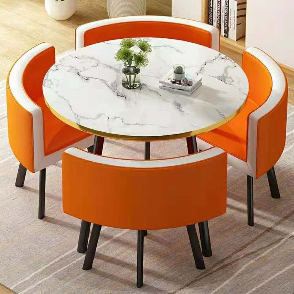 Modern Nordic Round Dining Table Set β 5pc Marble Look MDF Table with 4 PU Leather Chairs