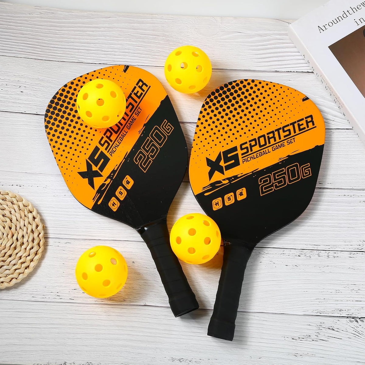 Pickle Ball Set, 2 Wooden Paddle Rackets with 4 Balls