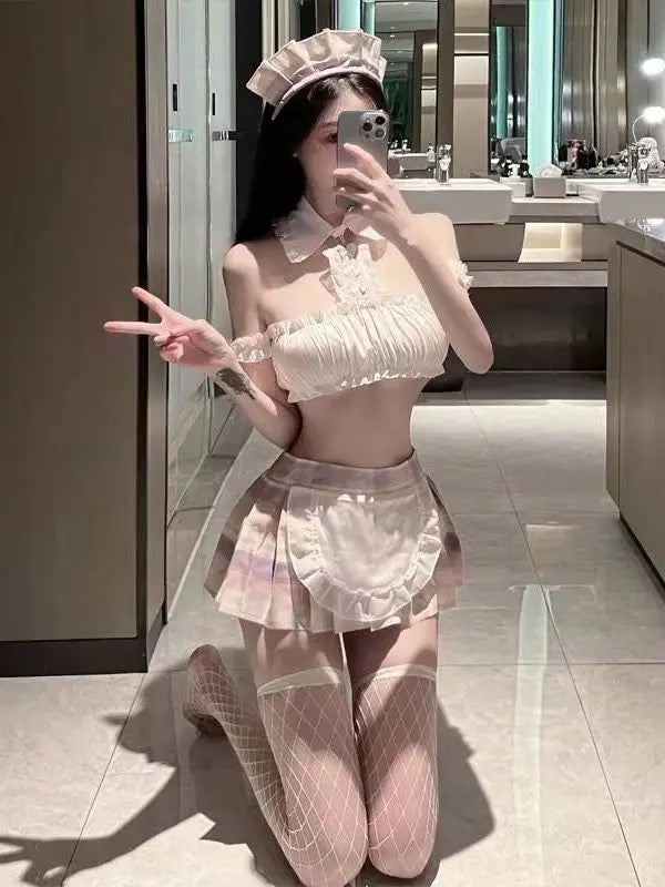 Sexy Uniforms Cute Student Maid Mini Dress Elegant Halter Neck T Shirt Sweet Hot Sexy