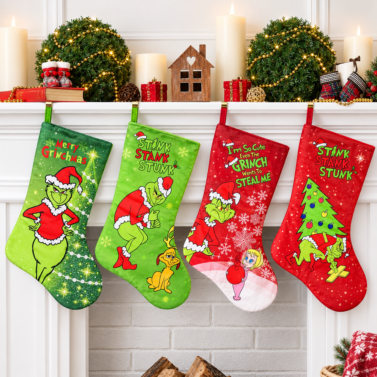 Grinch Christmas Stocking, 46 cm Large Hanging Stocking, Festive Mantel and Fireplace Decoration