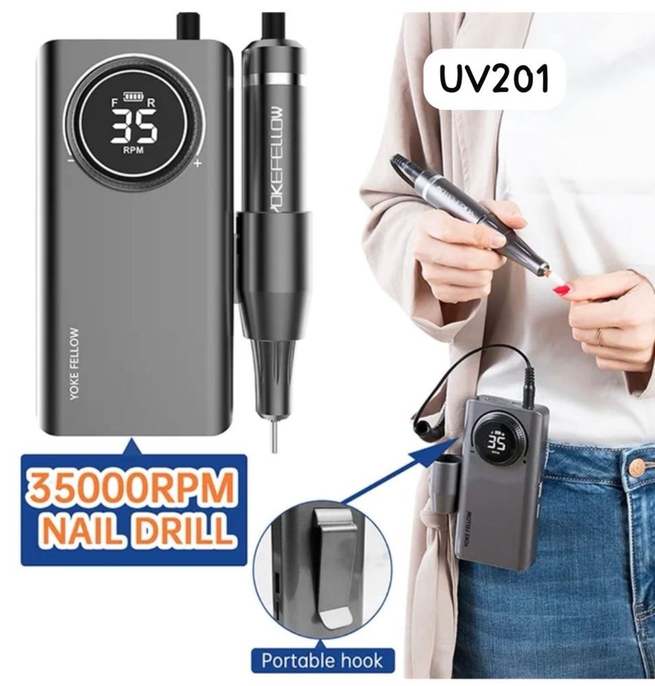 Professional Rechargeable 35000 RPM Nail Drill, Electric Nail Drills Machine for Acrylic Nail Natural Extension Poly Nail Gel, with 6 bits Portable Manicure Pedicure Drill Machine, Grey