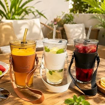 MHome Glass Tumbler with Leather Sleeve and Straw, 450ML,Clear|Stylish Coffee & Juice Sipper Bottle|Reusable Water Cup with Straw & Lid |Premium Clear Drinking Bottle for Gym,School &Travel.