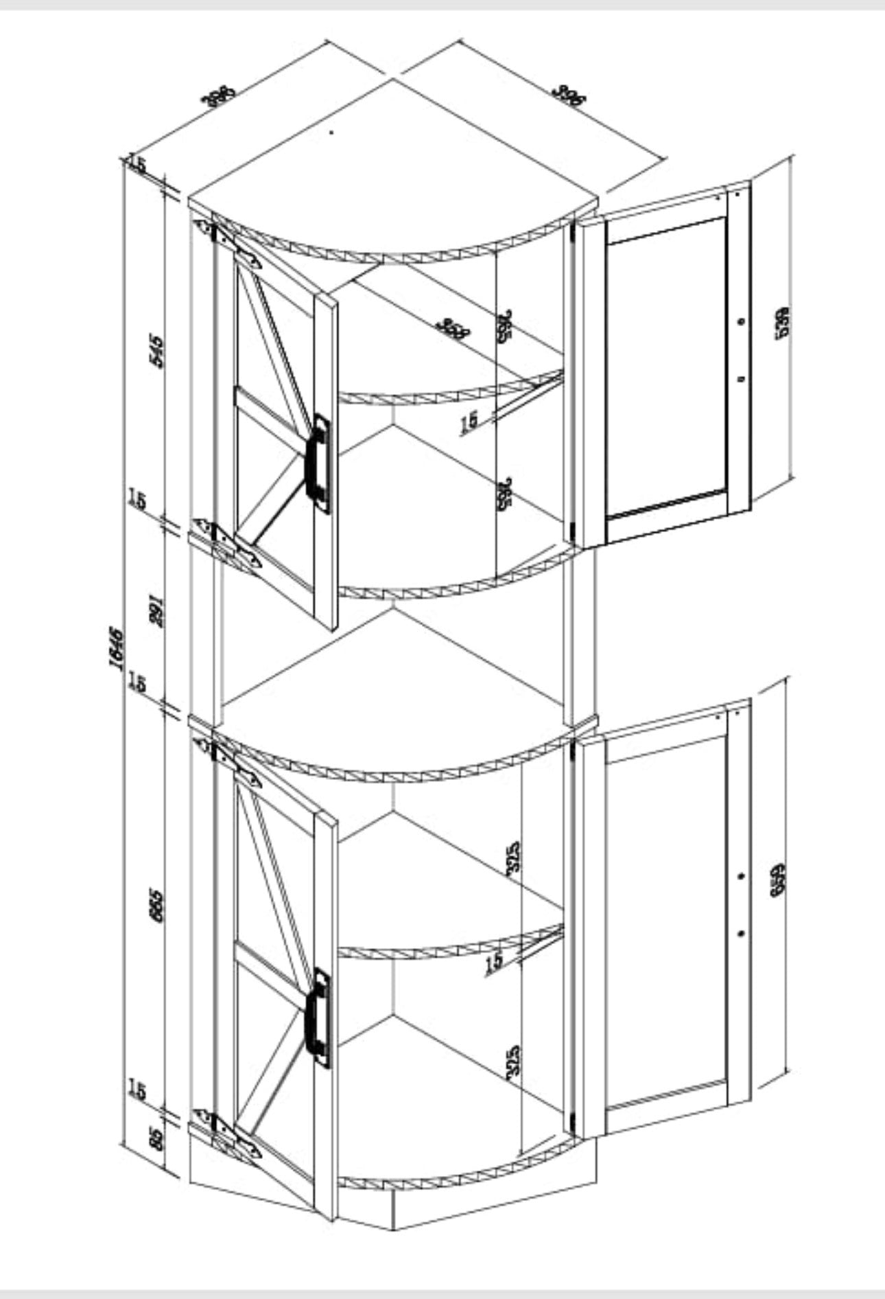 MFurn Farmhouse Storage Corner Cabinet with 4 Barn Style Doors and 5 Storage Shelves, Corner Storage Cabinet for Kitchen, Living Room-Various Colours-Pre-Order Now Available