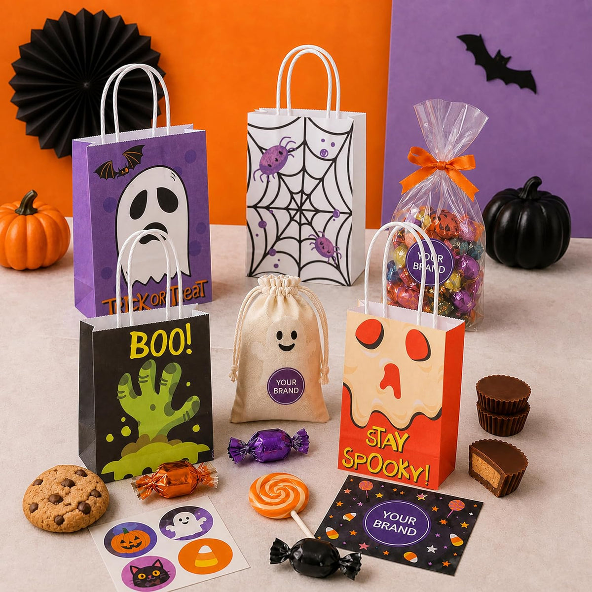 Halloween Paper Gift Treat Bags for Kids, 12 Pack 7 Spooky Designs with Handles