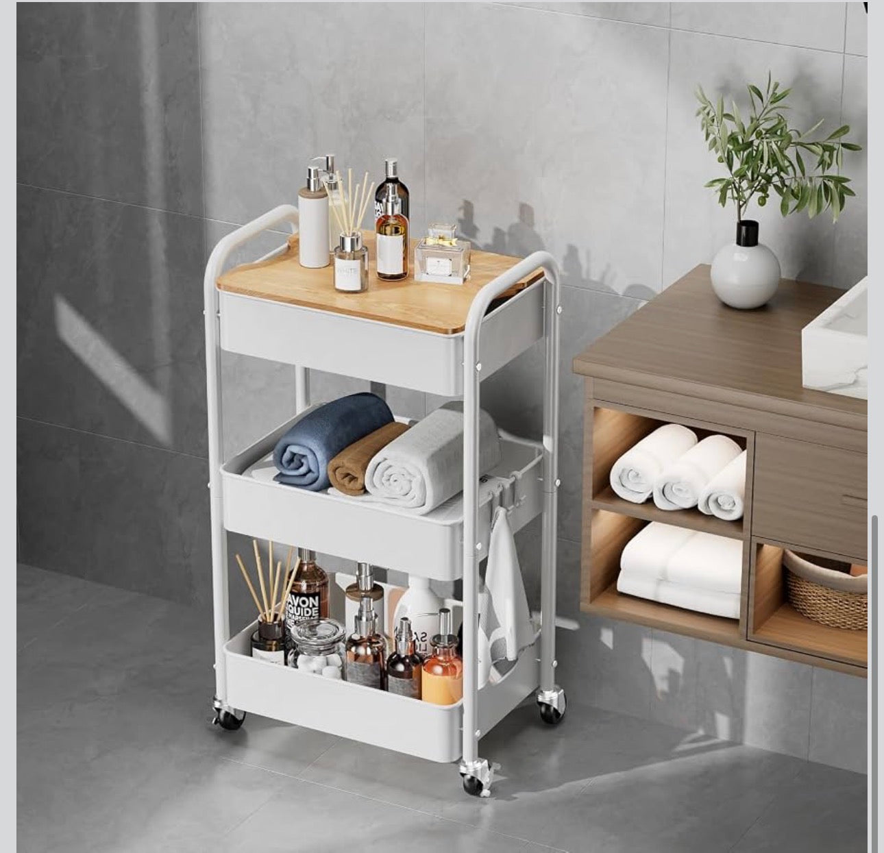 MFURN 3 Tier Rolling Cart with Table top, Metal Rolling Utility Cart on Wheels, Sturdy Storage Organizer Cart with Hooks for Office, Classroom, Kitchen and Bathroom (White)