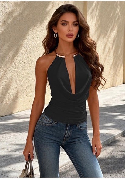 Ladies Sexy Cowl Neck Halter Top Backless Flowy Summer Going Out Tops-Various Colours
