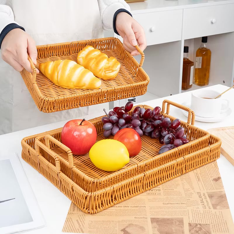 MHome Kitchen Bread Serving Trays Unique Rectangular Woven Baskets for Fruit and Bread with Easy Carry Handle 3pc Set