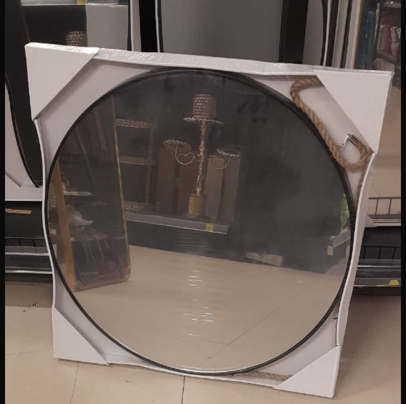 MHome Black Large Round Frame Mirror With Hemp Rope 60cm